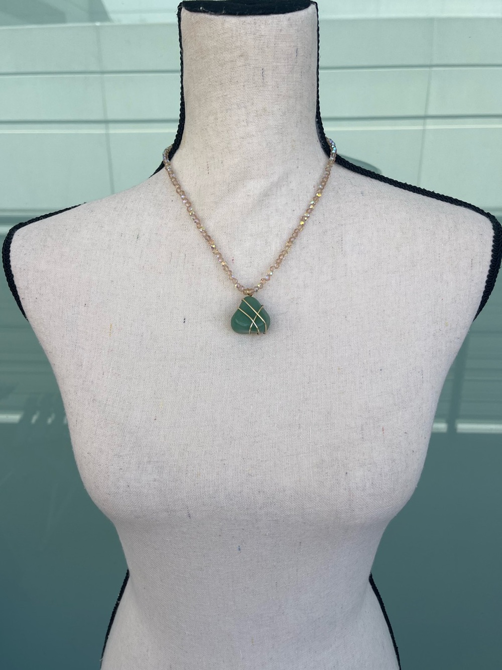 Green Aventurine Necklace Gold Wire Wrap on Champagne Glass Beads - Picture 2 of 5